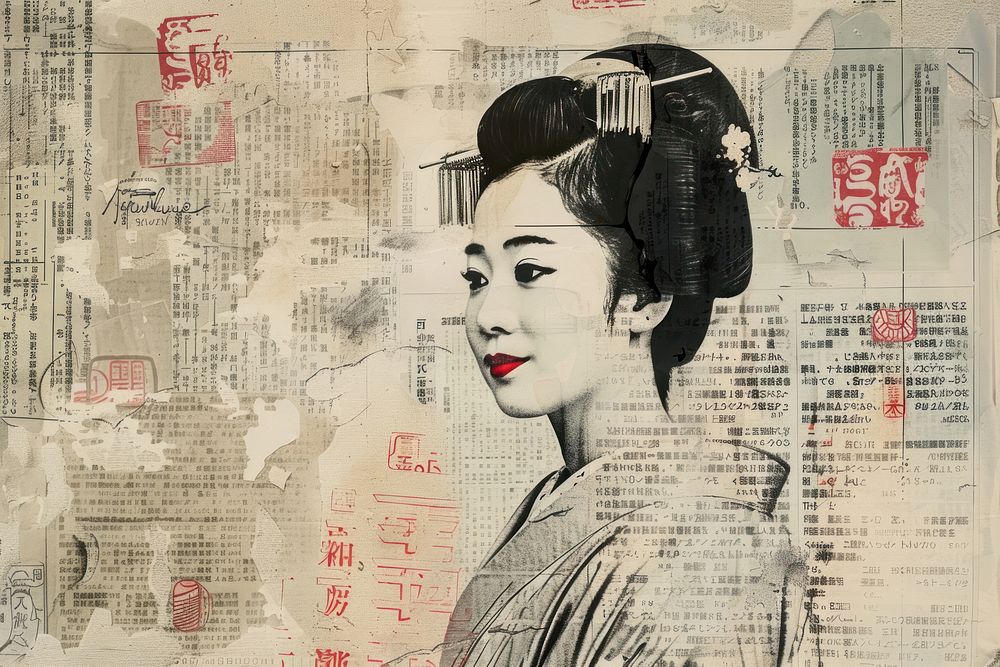 Japanese geisha ephemera border collage drawing adult.