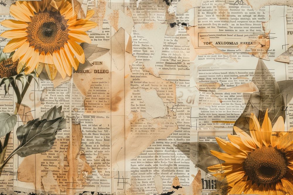 Watercolor sunflower ephemera border collage backgrounds newspaper.