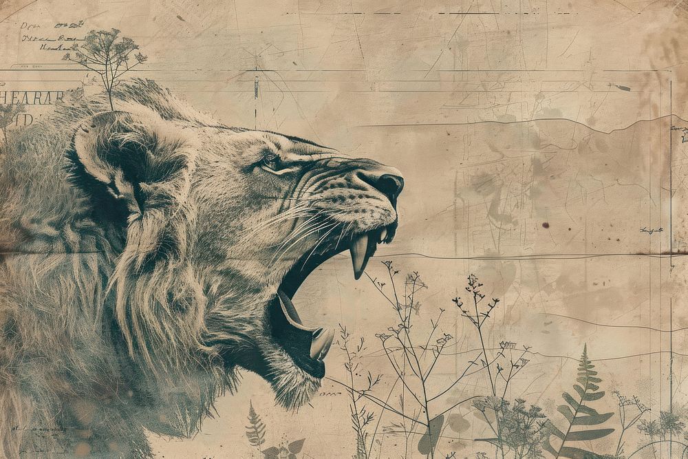 Lion roaring ephemera border drawing wildlife painting.
