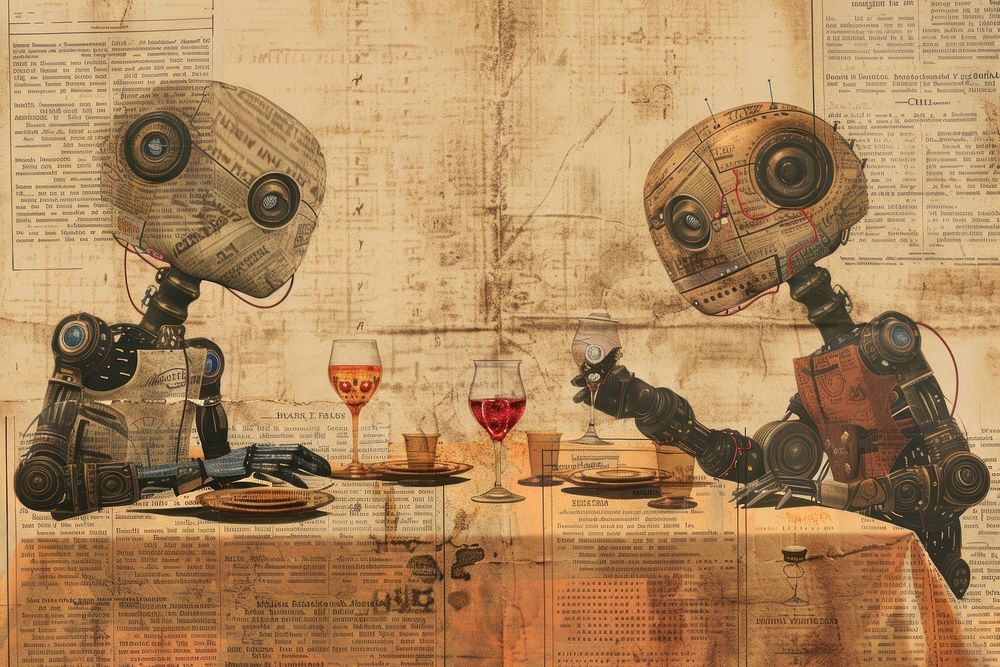Robots having a dinner party ephemera border painting refreshment technology.