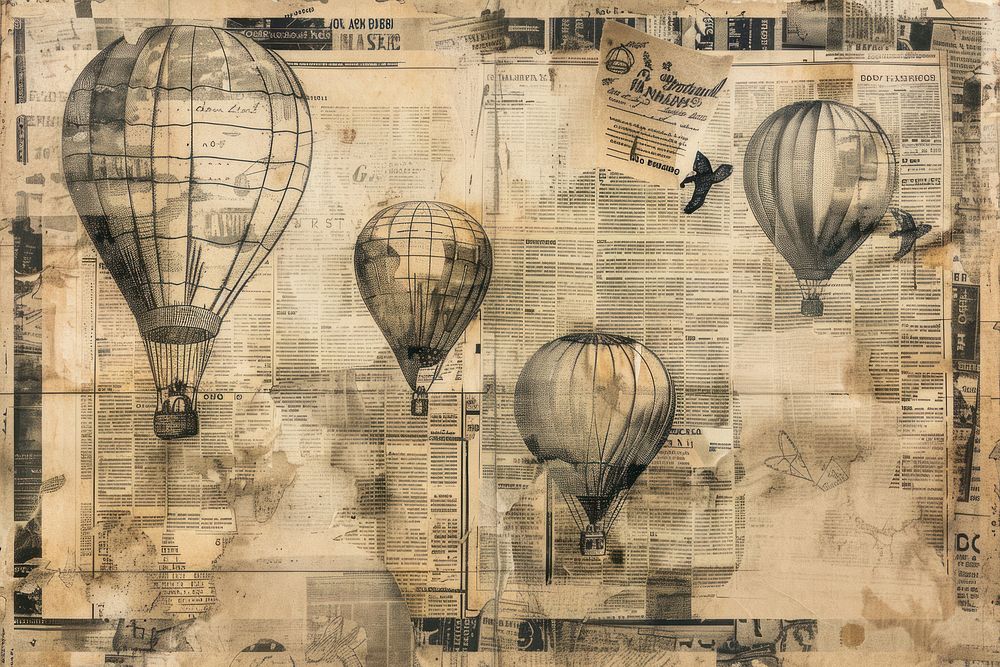 Hot air balloons ephemera border backgrounds aircraft collage.