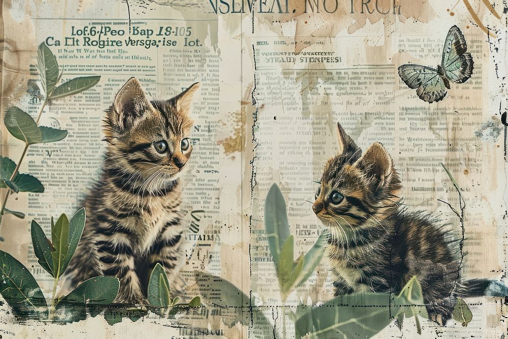 Cute kittens ephemera border backgrounds newspaper drawing.