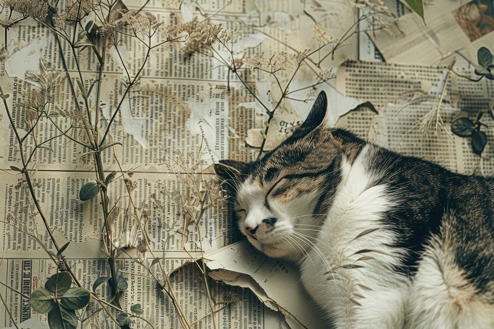 Cat sleeping ephemera border backgrounds newspaper collage.