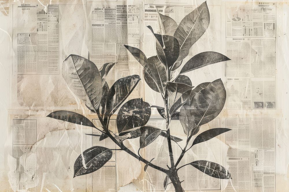 Rubber tree plant ephemera border backgrounds newspaper drawing.