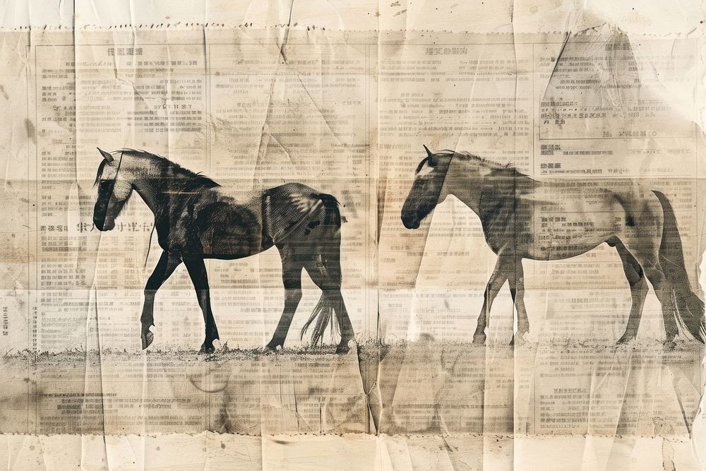 Chinese ink horses ephemera border drawing animal mammal.