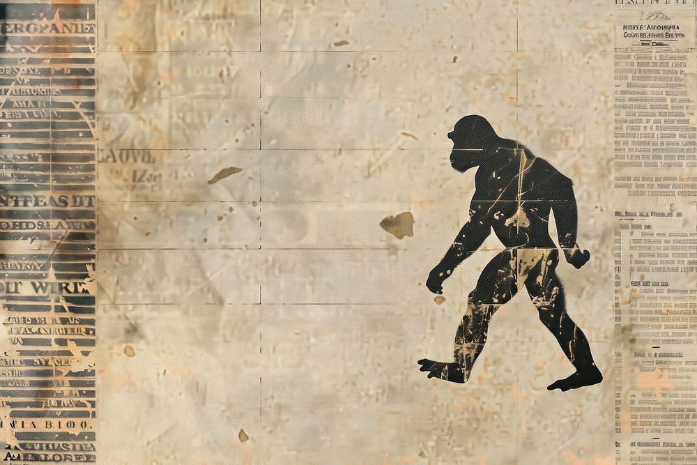 Ape man evolution walking ephemera border text newspaper architecture.
