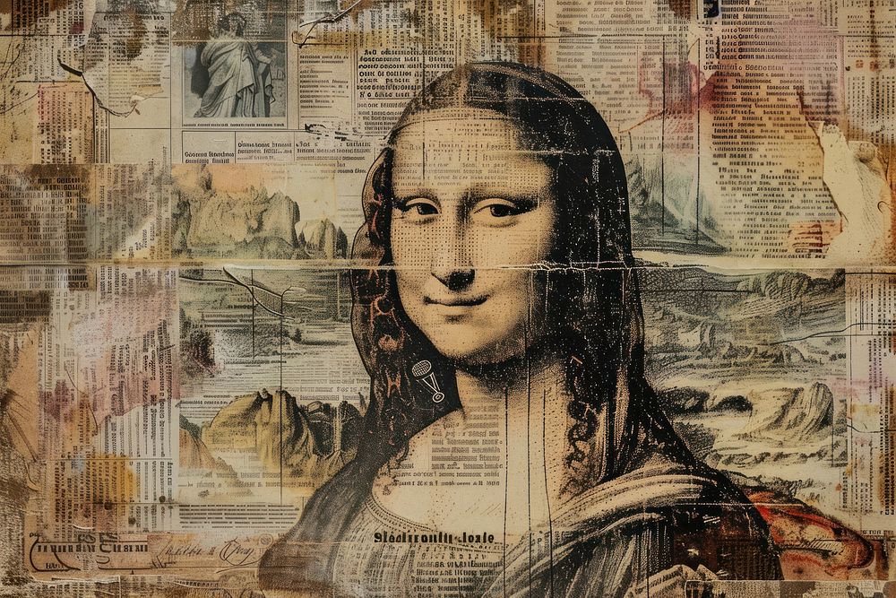 Mona lisa ephemera border painting drawing collage.