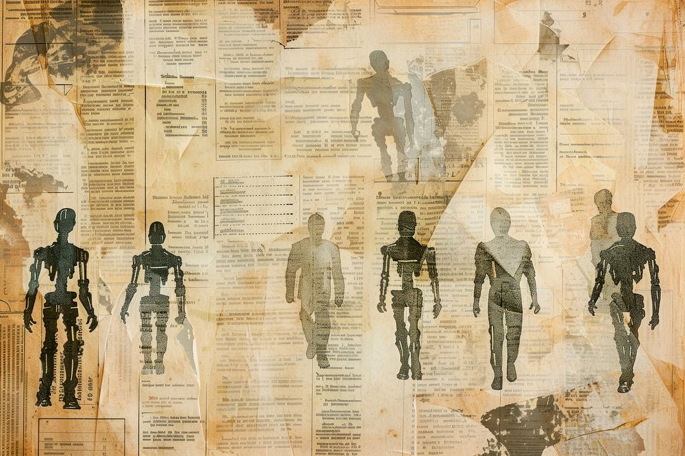 Robots walking ephemera border newspaper backgrounds drawing.