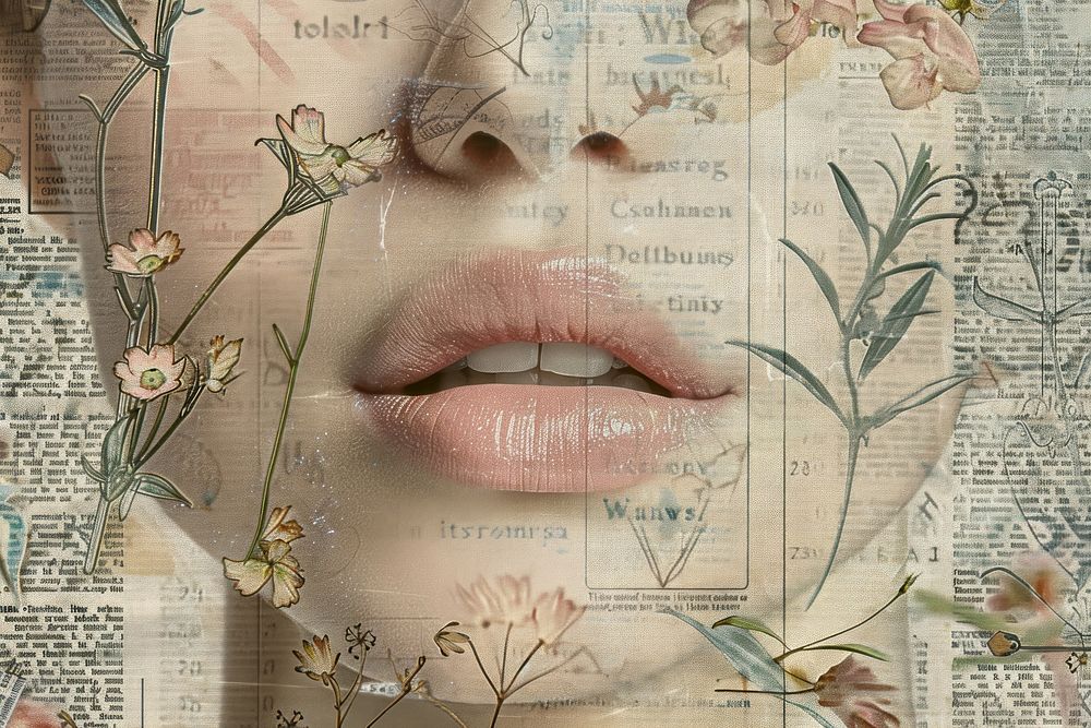Beatiful vintage woman lips close up ephemera border text fragility headshot.