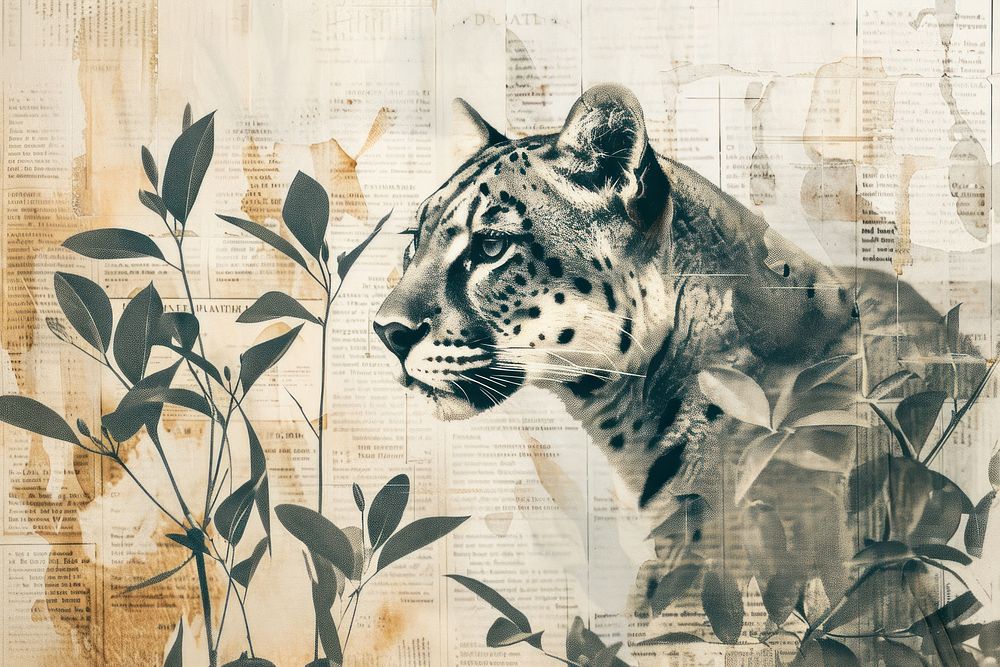 Pantha portrait ephemera border wildlife leopard drawing.