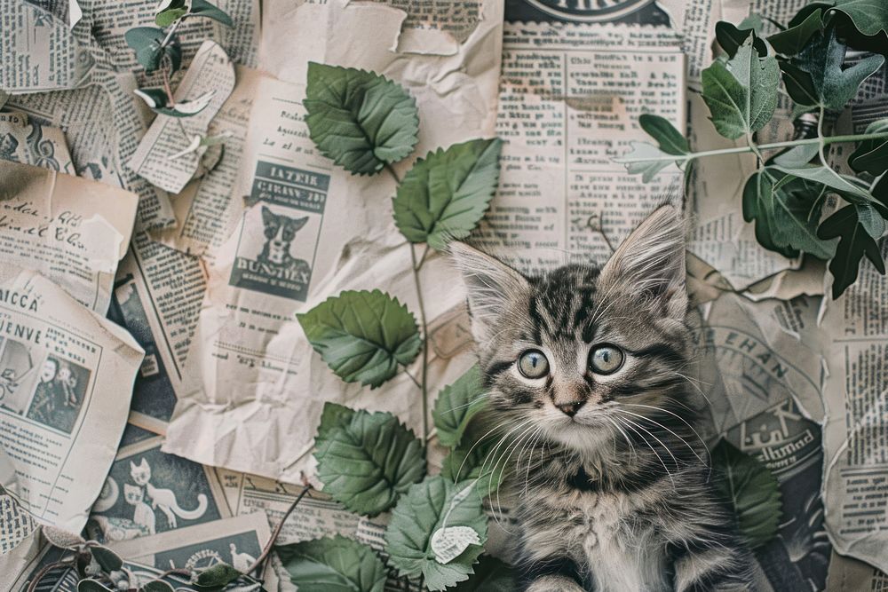 Cute kitten close up portrait ephemera border newspaper animal mammal.