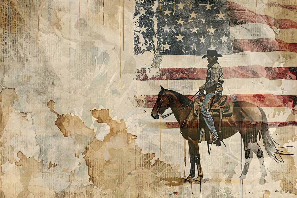 Cowboy riding horse carrying star spangled banner flag rodeo ephemera border backgrounds mammal representation.