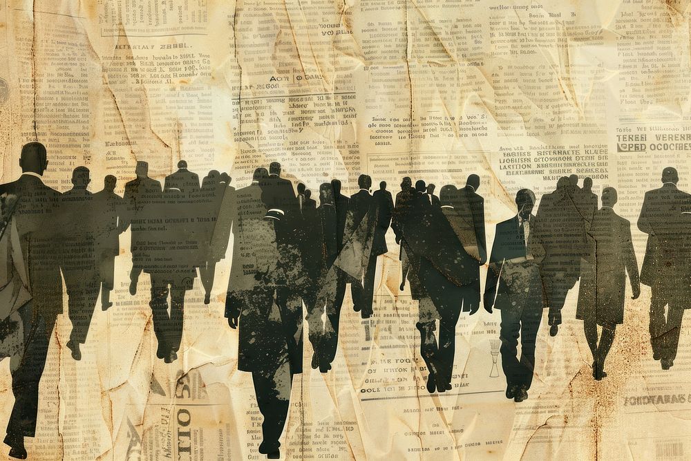 Men in black suits walking crowd ephemera border backgrounds newspaper drawing.