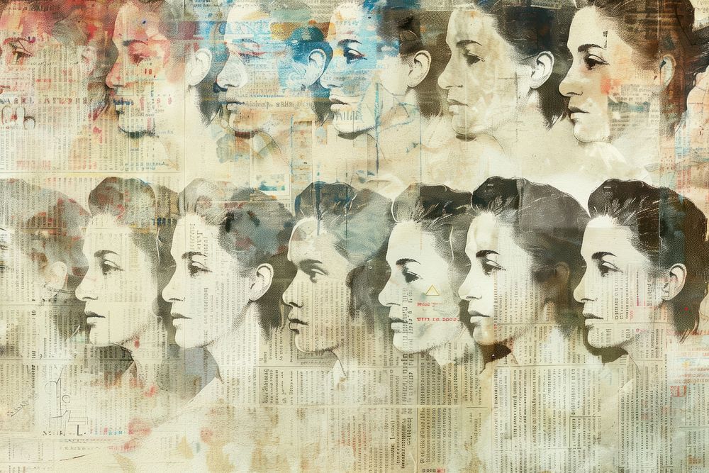 Many diverse faces close up multi ethnic humans ephemera border collage backgrounds painting.