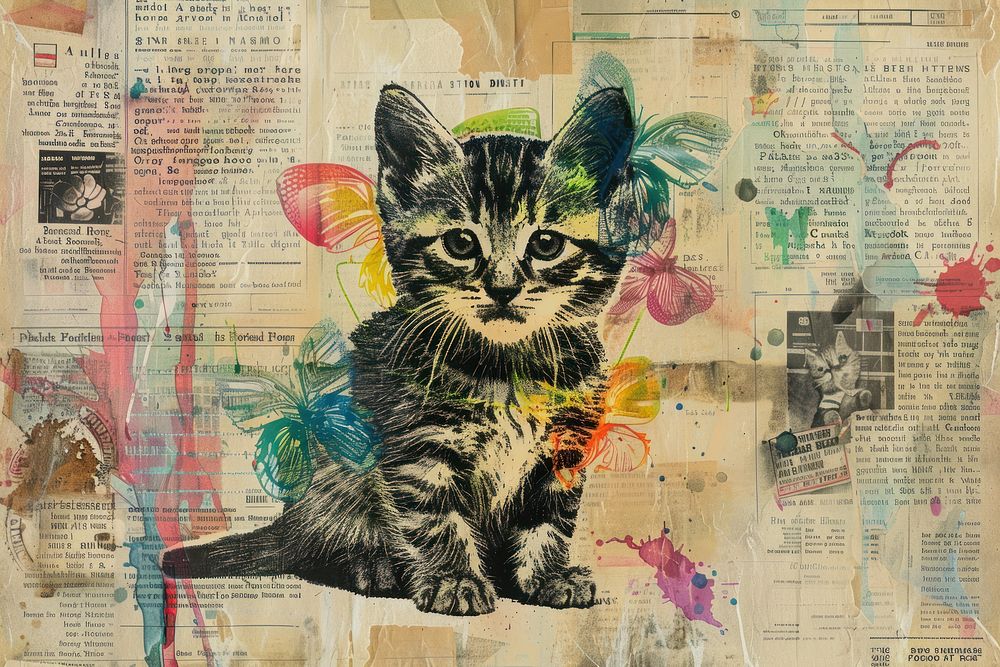 Rainbow kitten ephemera border collage backgrounds newspaper.
