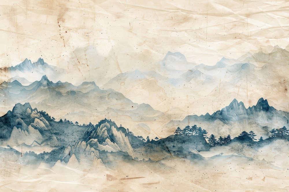 Chinese ink mountain ephemera border backgrounds painting outdoors.
