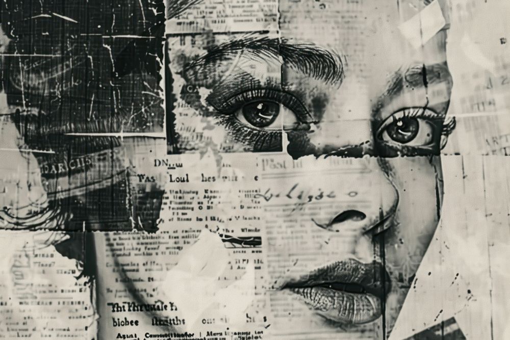 Black and white face ephemera border newspaper drawing collage.