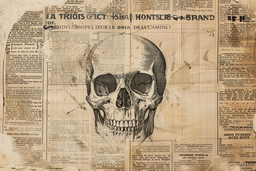Skull ephemera border newspaper text drawing.