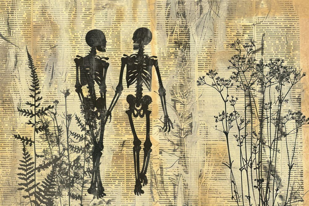 Skeletons walking ephemera border drawing art representation.