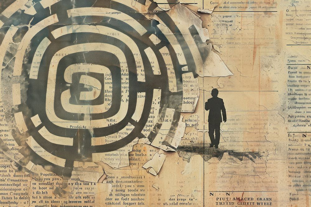 Person in a maze ephemera border backgrounds newspaper labyrinth.