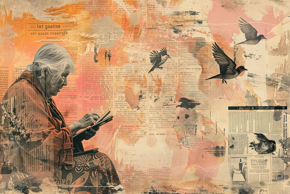 Old wwoman feeding birds ephemera border painting collage drawing.
