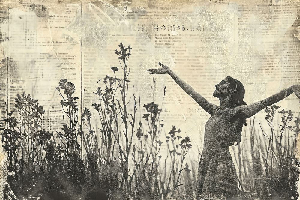 Woman arms stretched nature ephemera border drawing plant text.