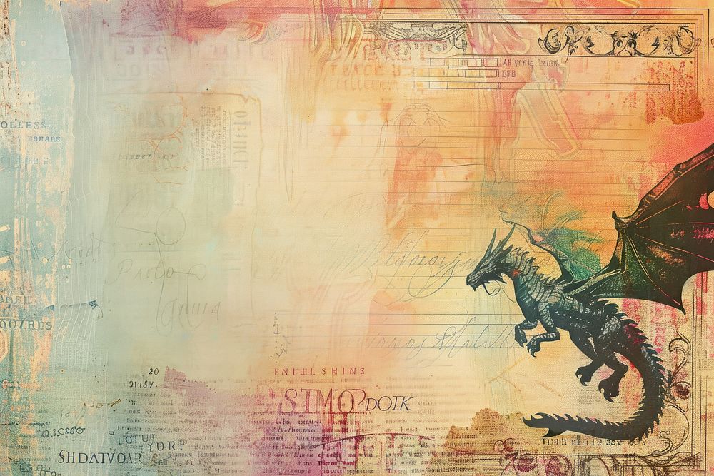 Dragons rainbow flying ephemera border backgrounds paper creativity.