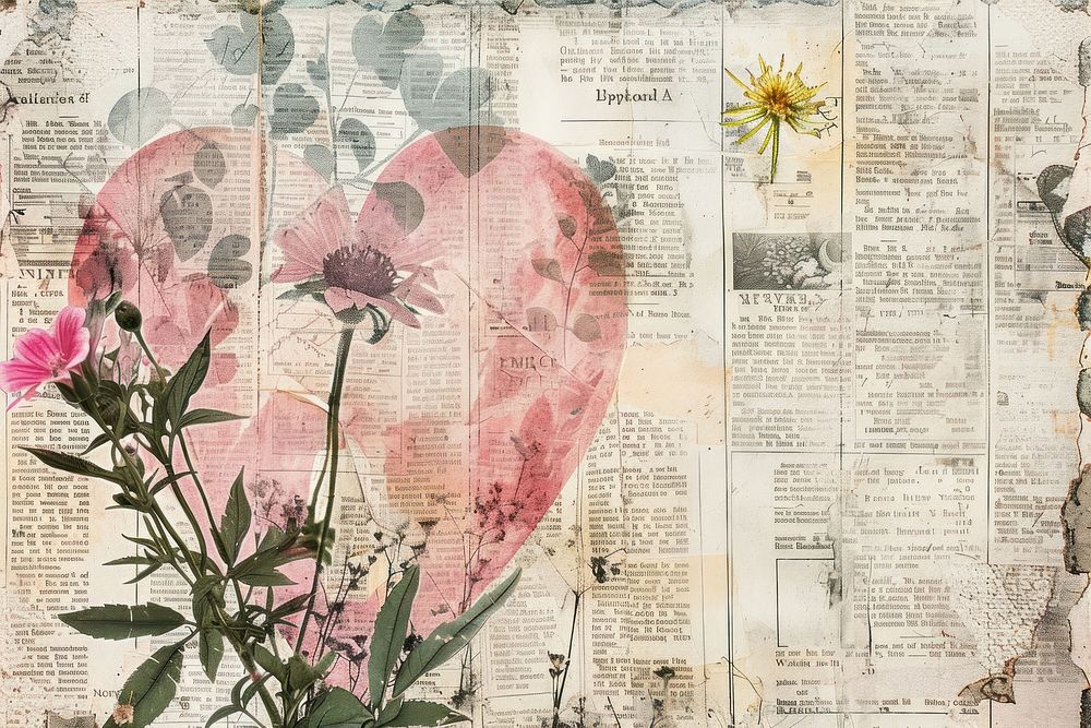 Pink heart ephemera border backgrounds newspaper collage.