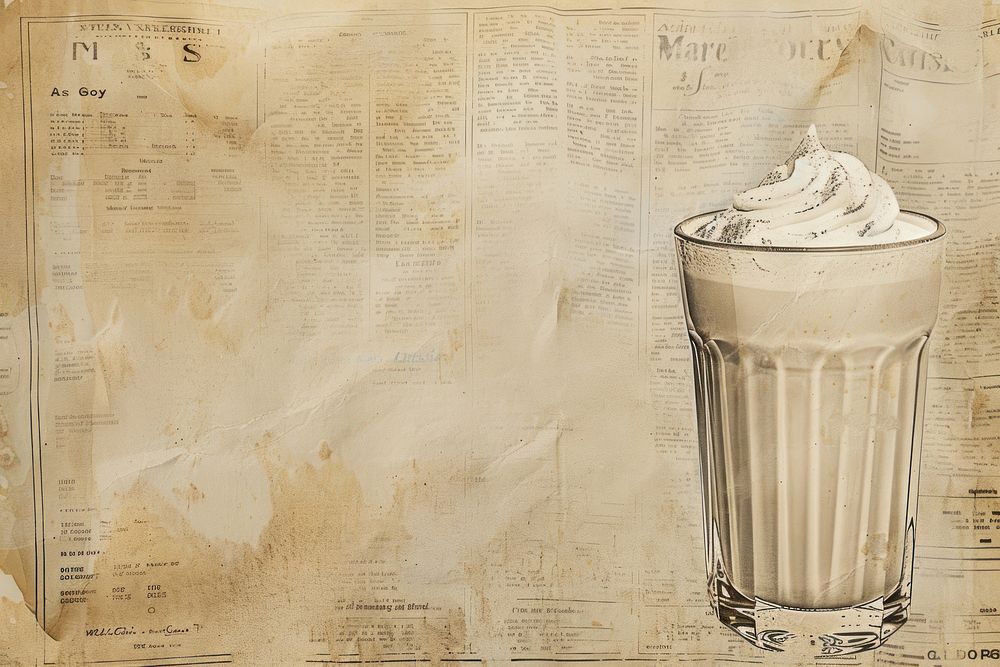 Vintage milkshakes ephemera border backgrounds newspaper text.