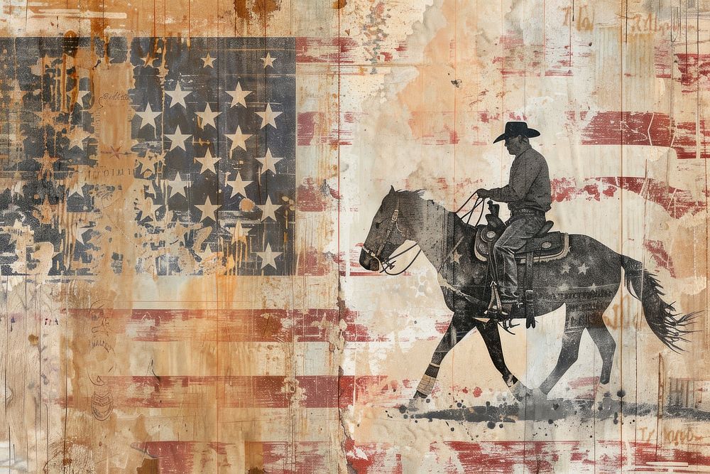 Cowboy riding horse carrying star spangled banner flag rodeo ephemera border backgrounds painting mammal.