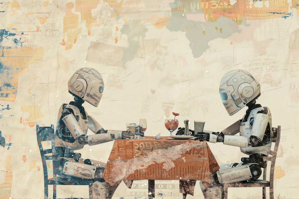 Robots having a dinner party ephemera border drawing adult cup.