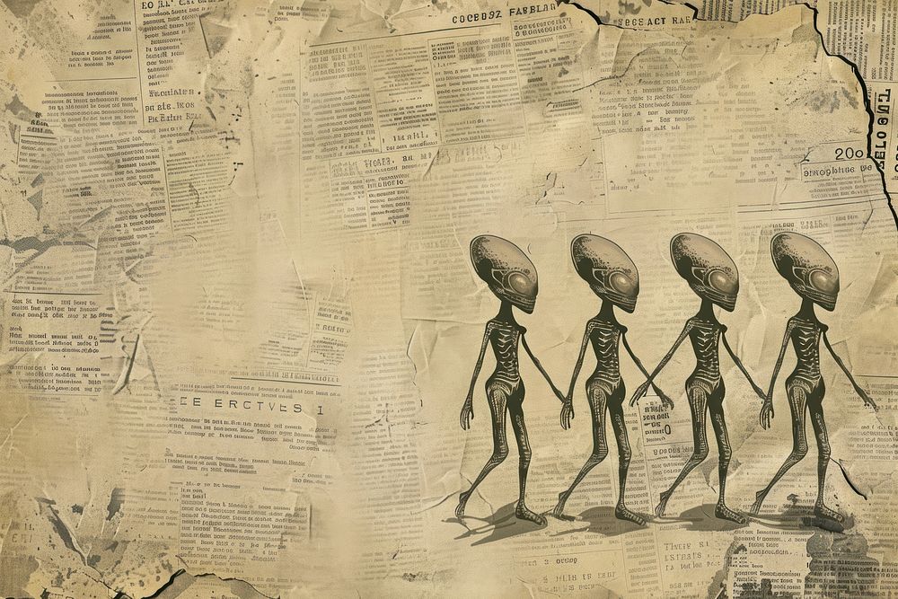 Aliens walking ephemera border drawing text representation.