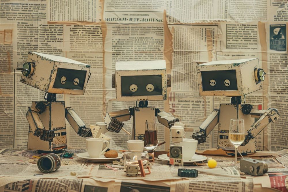 Robots having a dinner party ephemera border newspaper text electronics.