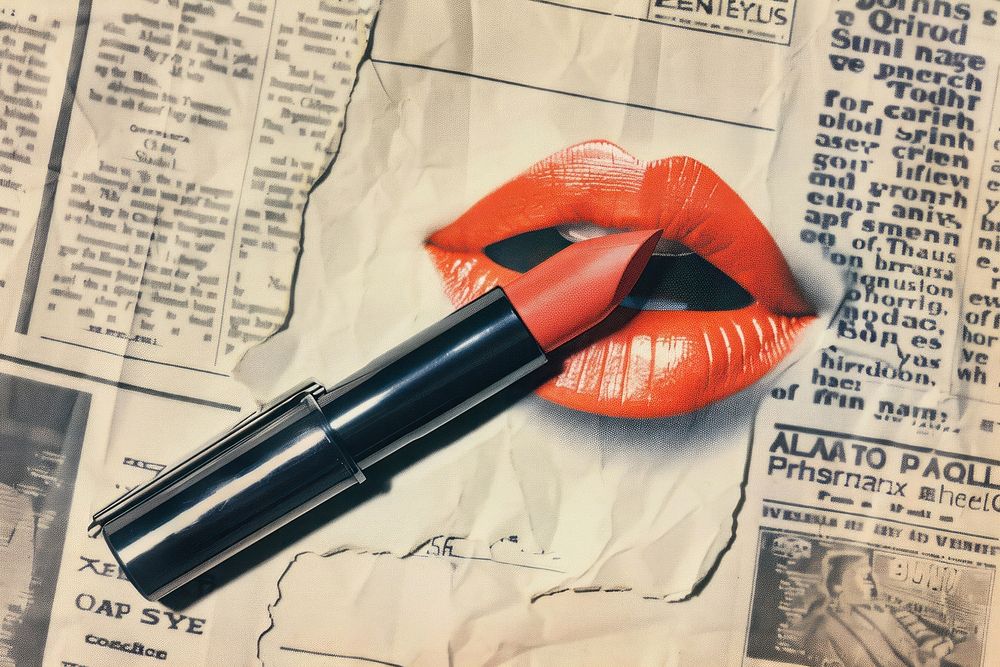 Red lipstick ephemera border cosmetics paper text.