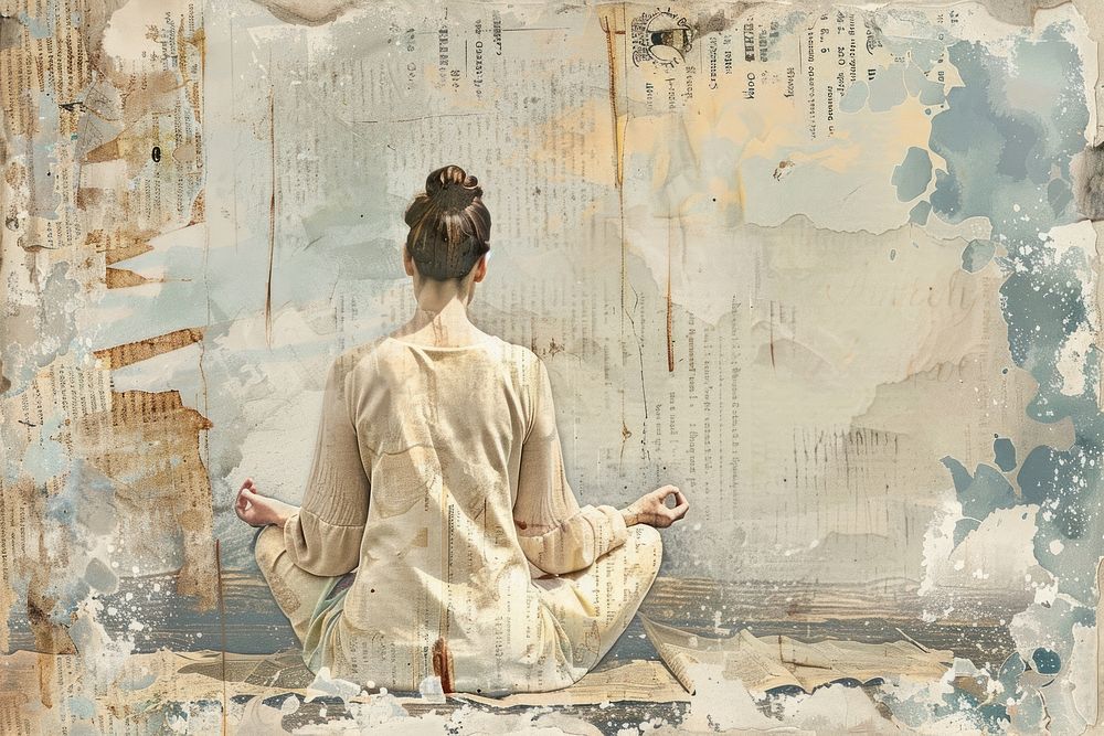 Woman meditating ephemera border painting drawing art.