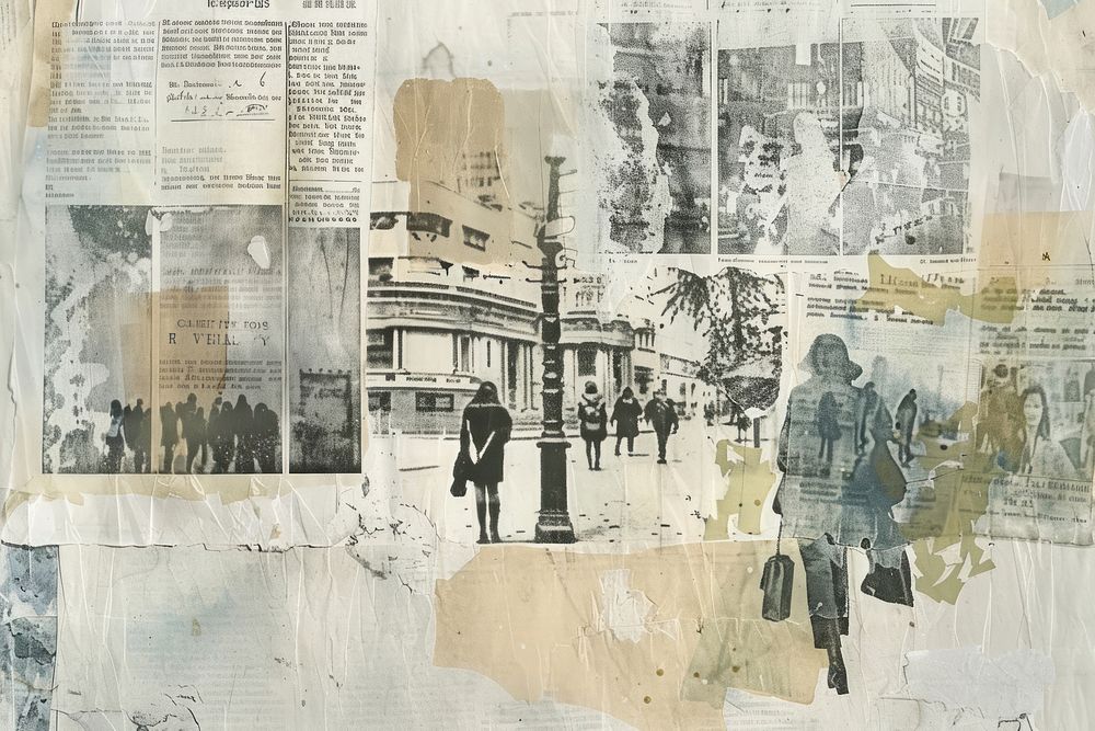 Crowded shopping scene ephemera border newspaper collage backgrounds.