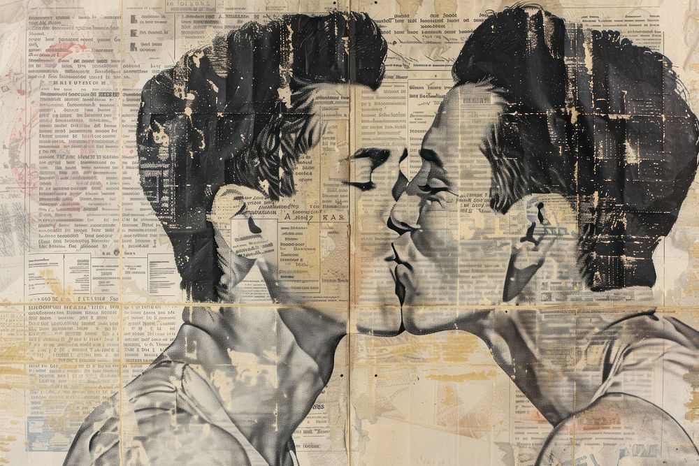 Gay men kissing ephemera border newspaper collage painting.