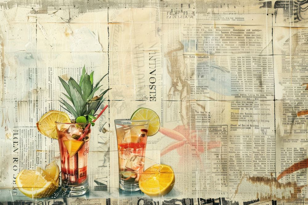 Tropical cocktails ephemera border pineapple newspaper drawing.