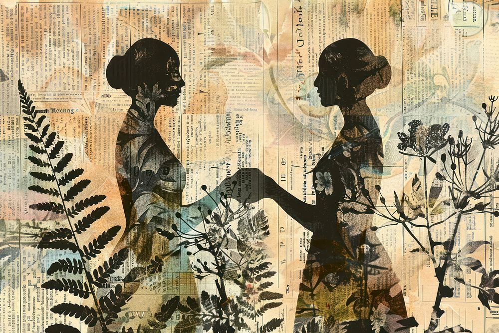 Lesbien women holding hands ephemera border collage painting drawing.