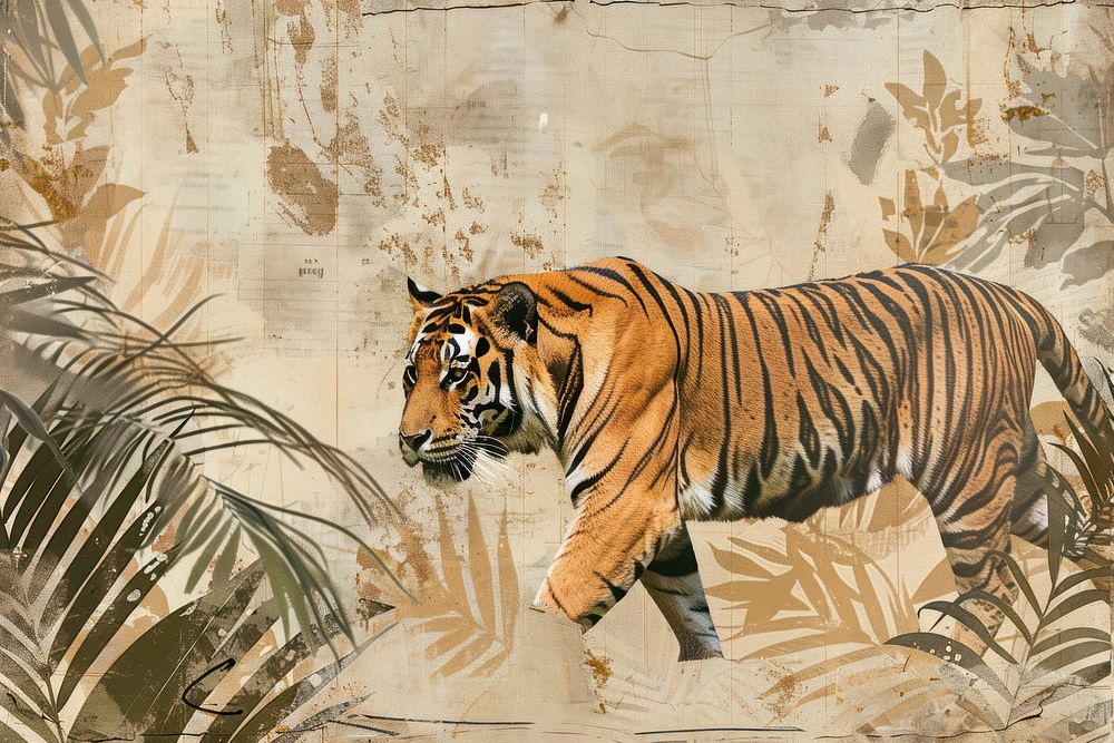 Tiger walking ephemera border backgrounds wildlife animal.