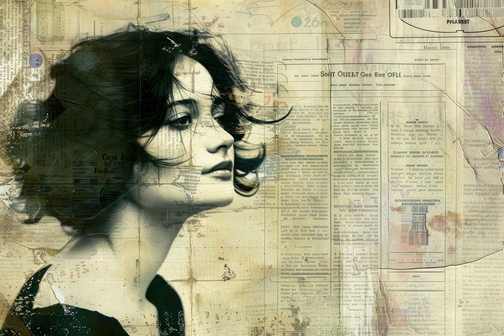 Art noveau woman ephemera border newspaper collage portrait.