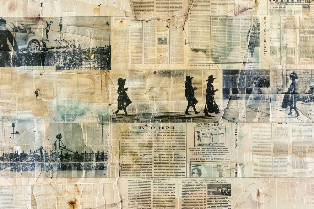 People hunting ephemera border newspaper backgrounds collage.