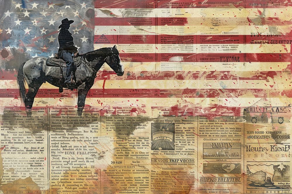 Woman horse large american flag ephemera border text backgrounds newspaper.