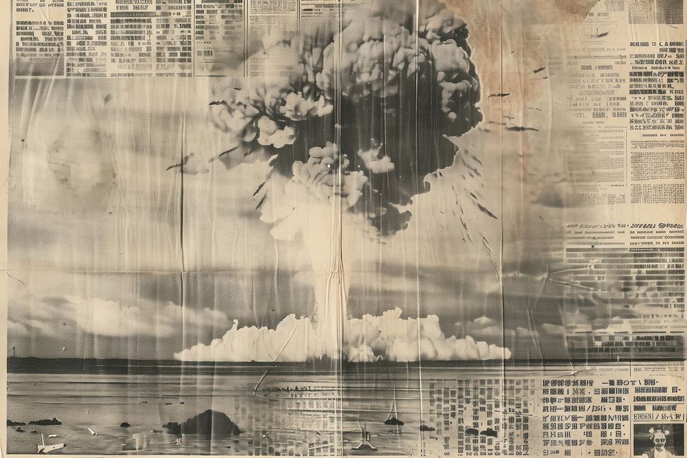 Atomic bomb ephemera border backgrounds newspaper drawing.