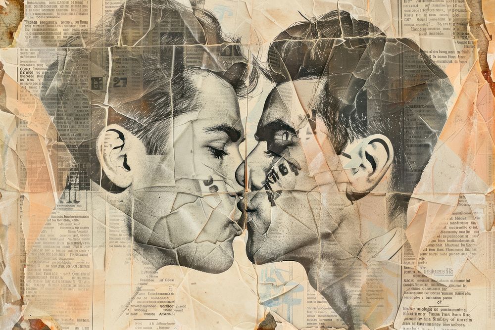 Gay men kissing ephemera border collage newspaper drawing.