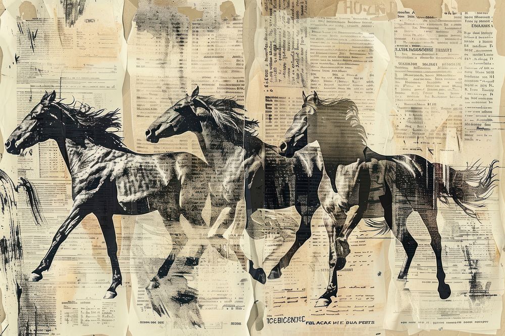 Japanese ink horses ephemera border drawing animal mammal.