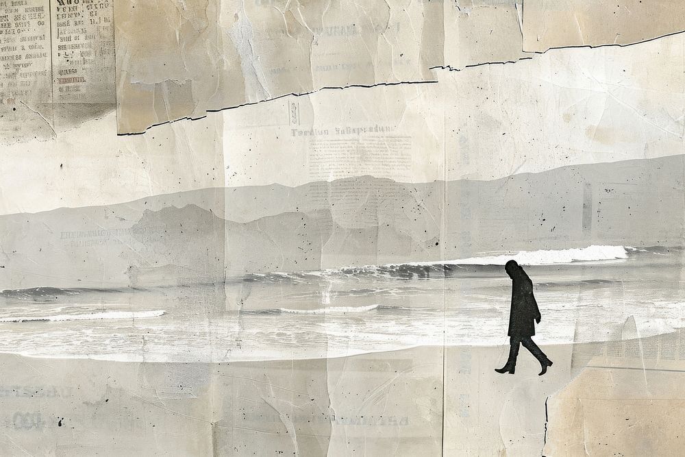 Person alone walking beach ephemera border outdoors drawing collage.