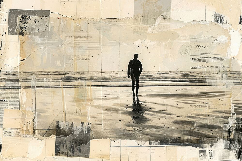 Person alone walking beach ephemera border backgrounds silhouette standing.