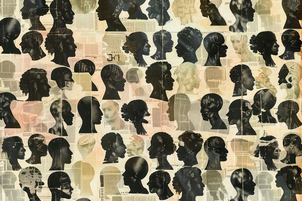 Crowd of diverse people black faces ephemera border collage backgrounds drawing.