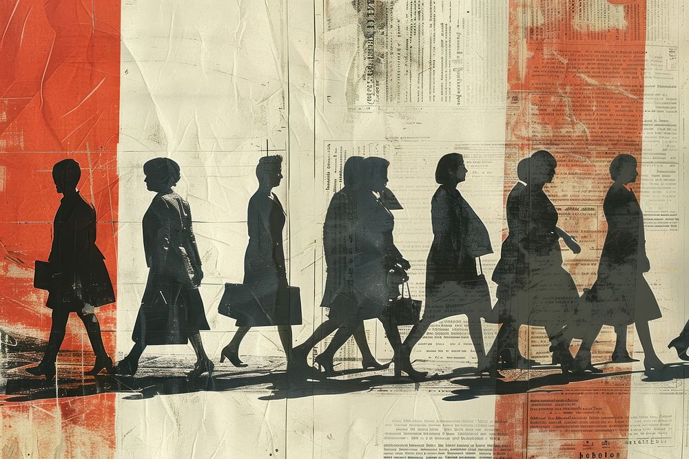 Diverse business women walking ephemera border silhouette drawing adult.